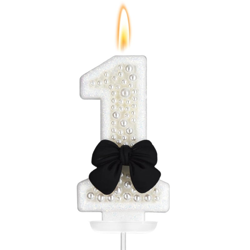 Florisland Black Bow Cake Topper Birthday Decorations for Girls Women, Black Bow Party Decorations Supplies,Number 1 Birthday Candle Cake Decorating - Image 1