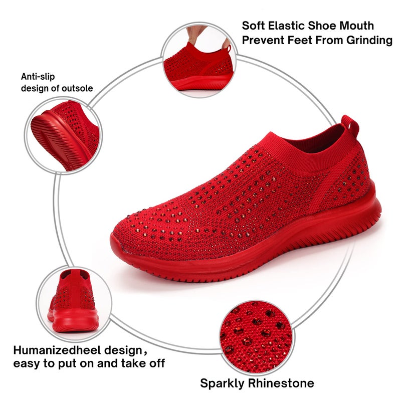 BELOS Women's Rhinestone Slip On Walking Shoes Breathable Mesh Knit Sock Shoes Fashion Comfortable Sparkly Sneaker(Red,8) - Image 4