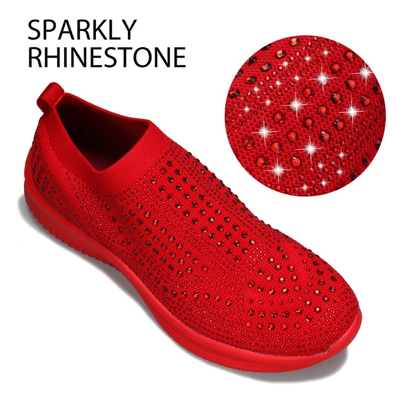 BELOS Women's Rhinestone Slip On Walking Shoes Breathable Mesh Knit Sock Shoes Fashion Comfortable Sparkly Sneaker(Red,8) - Image 3