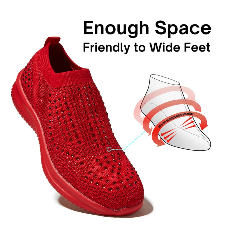 BELOS Women's Rhinestone Slip On Walking Shoes Breathable Mesh Knit Sock Shoes Fashion Comfortable Sparkly Sneaker(Red,8) - Image 5