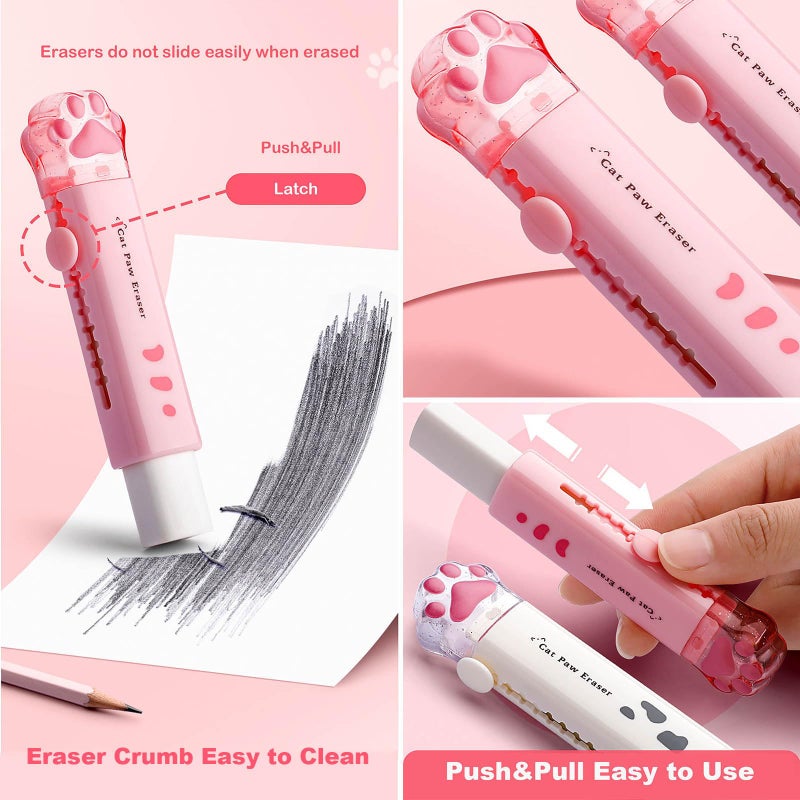 Doraking Cute Eraser, Retractable Kawaii Cat Paw Erasers for Kids, Rubber Push-Pull Eraser for Students Writing Drawing Aesthetic Erasers for School Office Supplies - Image 5