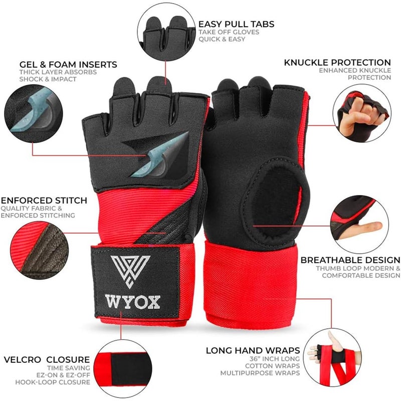 WYOX قفازات Wyox جل للملاكمة قفازات داخلية للرجال والنساء، أشرطة معصم طويلة 80 سم، لفافات ملاكمة مبطنة مطاطية لضمادات تدريب الفنون القتالية Mma Kickboxing (أحمر L/Xl) - Image 2