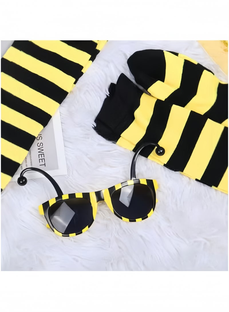 GGEROU طقم زي النحل للأطفال مكون من 5 قطع يشمل نظارات شمسية وأكمام طويلة وقفازات نحل لحفلات التنكر - Image 5