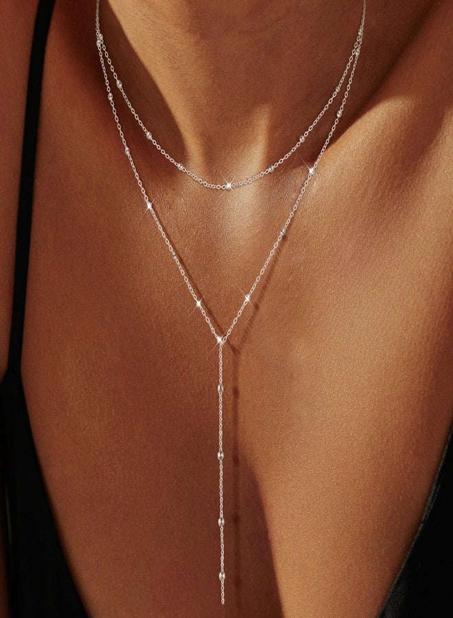 Pancert Gold Necklace for Women, Dainty Long Necklace 14k Gold Plated/Silver Y-Shaped Pendant Necklace Trendy Layered Cz Beaded Chain Lip chain Drop Necklaces for Women Gift Jewelry, Brass, No - Image 2