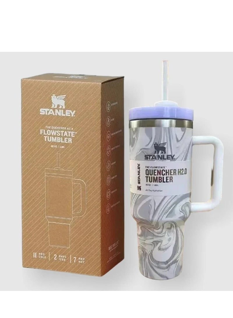Quencher H2.0 FlowState 40oz Vacuum Insulated Tumbler with Lid and Straw – Rose Quartz Swirl – Reusable Stainless Steel Travel Mug for Hot & Cold Drinks – Leakproof, Double-Walled Thermos – Ideal for Water, Iced Coffee, Smoothies, Juices, and Gym Hydration