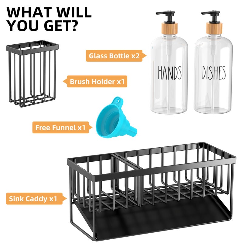 Cisily Kitchen Dish Soap Dispenser Set with Black Sponge Holder and 2 Pack 16.9oz Clear Glass, Dish Soap Dispensers for Kitchen Sink, Vintage Hand and Dish Soap Dispensers Set - Image 2
