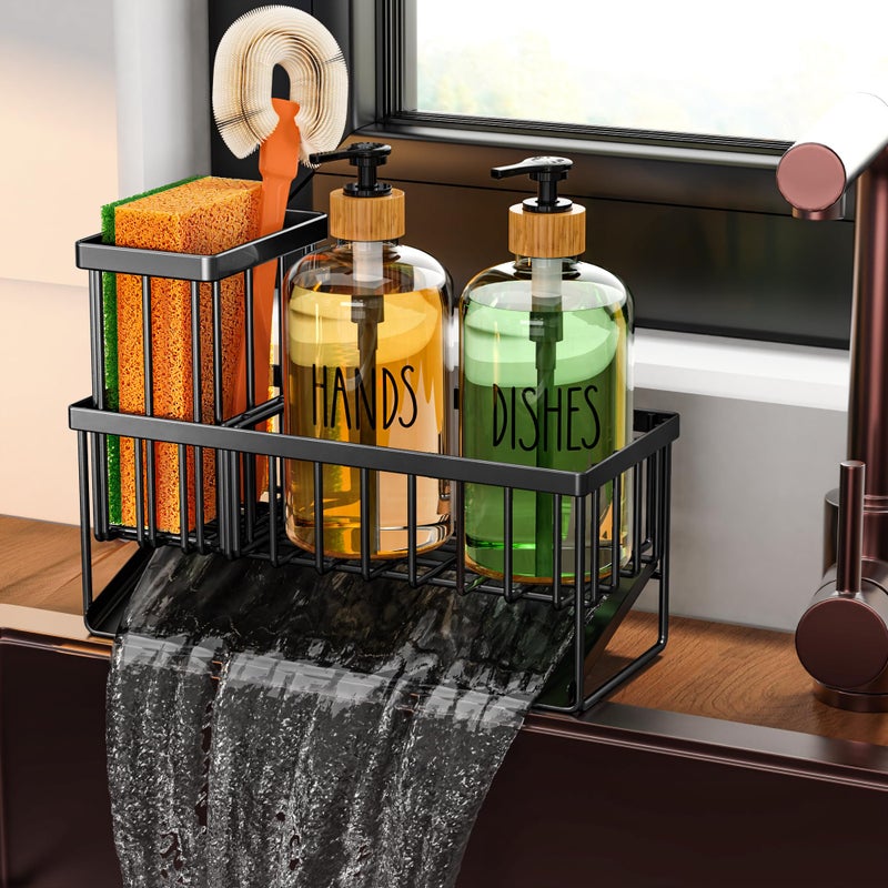 Cisily Kitchen Dish Soap Dispenser Set with Black Sponge Holder and 2 Pack 16.9oz Clear Glass, Dish Soap Dispensers for Kitchen Sink, Vintage Hand and Dish Soap Dispensers Set - Image 1