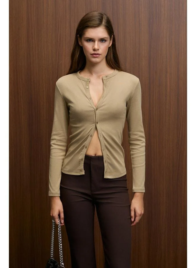 GRIMELANGE TALOVIA Women's Stretch Fabric Body-Hugging Slim Fit Buttoned Beige Blouse.