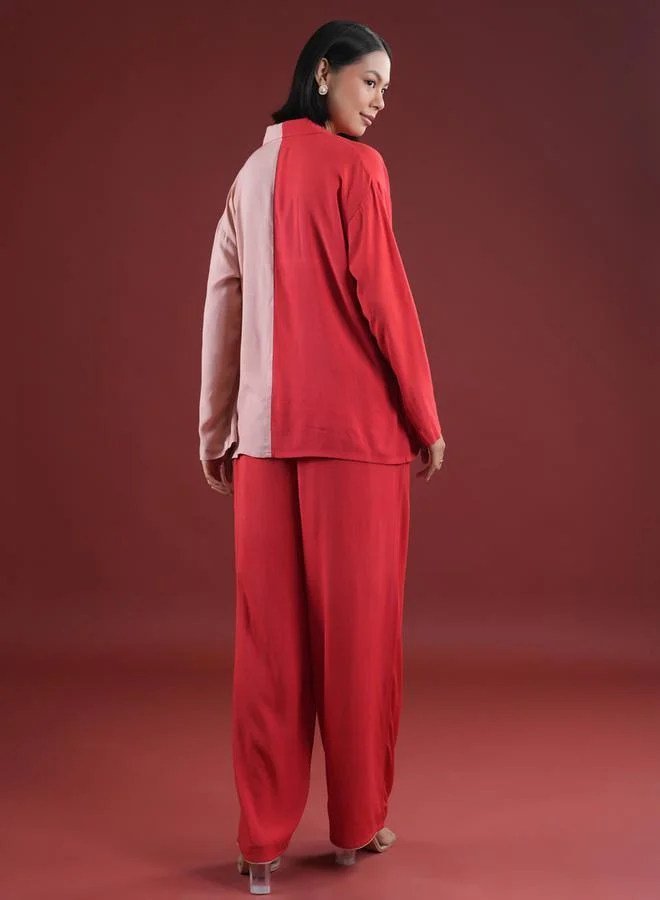 sanskrutihomes Color Block Collared Shirt and Pyjama Set by Styli