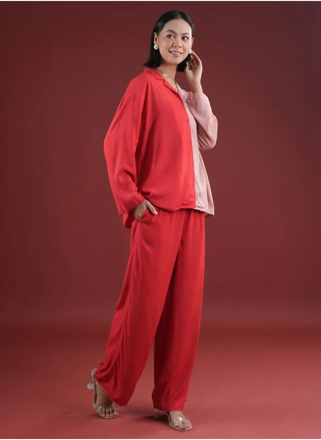 sanskrutihomes Color Block Collared Shirt and Pyjama Set by Styli