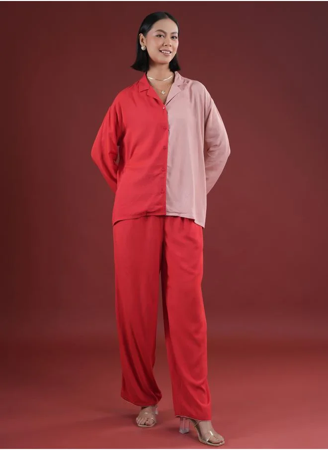 sanskrutihomes Color Block Collared Shirt and Pyjama Set by Styli