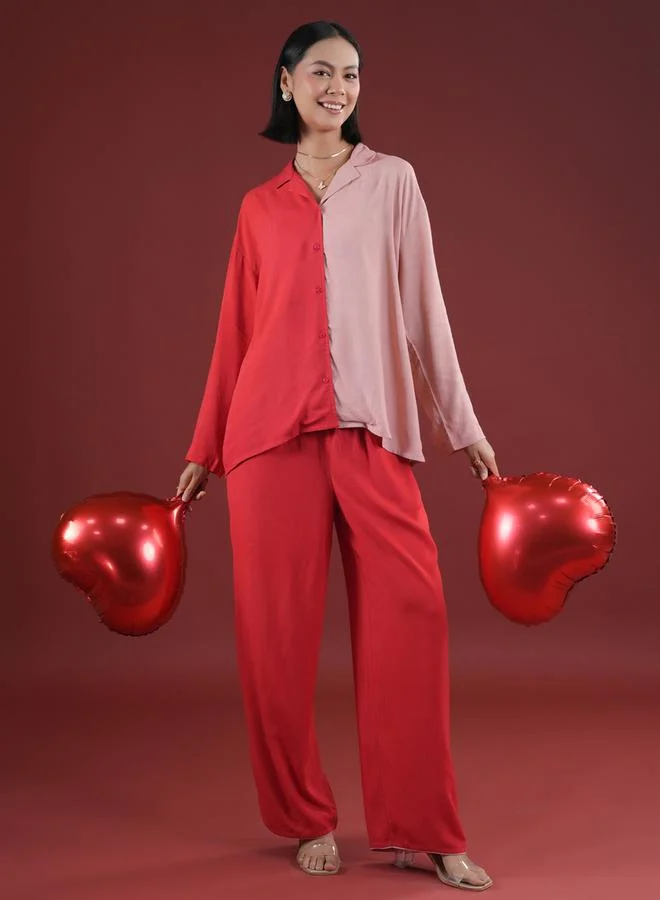 sanskrutihomes Color Block Collared Shirt and Pyjama Set by Styli