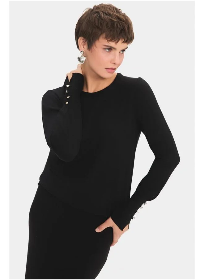 جون June Women Exclusive Crew Neck Viscose Blend Button Detailed Knitwear Sweater Black