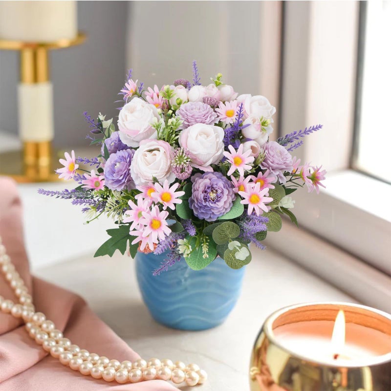 HO2NLE Fake Flower Bouquet Purple Artificial Silk Flower Arrangements Faux Rose Peony Flowers for Bridal Bouquets Wedding Table Centerpieces Funeral Spring Decor - Image 5
