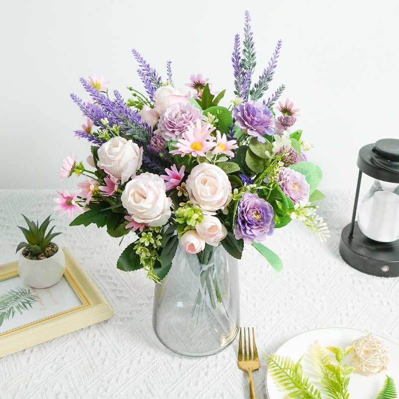 HO2NLE Fake Flower Bouquet Purple Artificial Silk Flower Arrangements Faux Rose Peony Flowers for Bridal Bouquets Wedding Table Centerpieces Funeral Spring Decor - Image 4