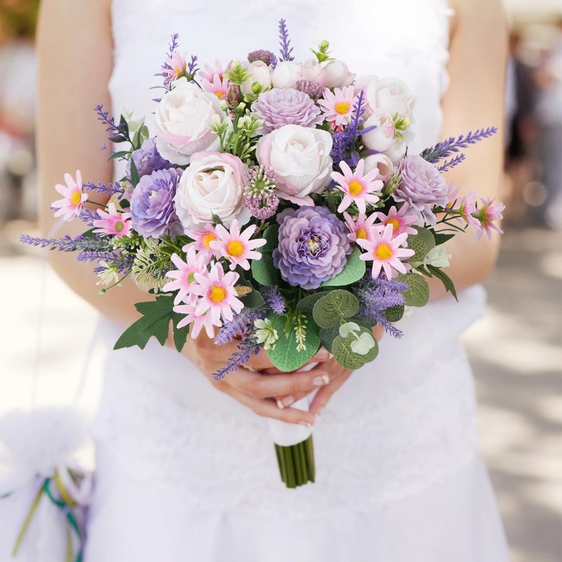 HO2NLE Fake Flower Bouquet Purple Artificial Silk Flower Arrangements Faux Rose Peony Flowers for Bridal Bouquets Wedding Table Centerpieces Funeral Spring Decor - Image 3