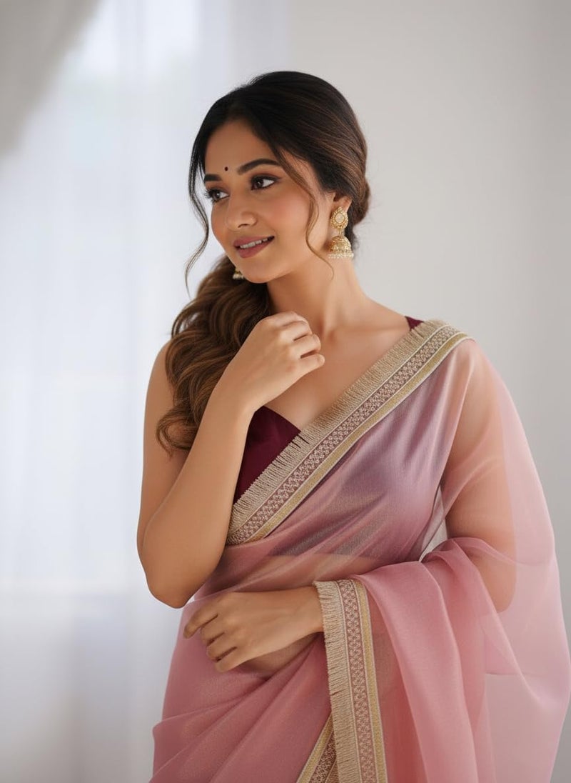 Yashika Women's Organza Plain Lace Border Saree | Pink Color Saree | Women Sari | Saree_(AZ-YS-OG3-DILBAR PINK) - Image 2