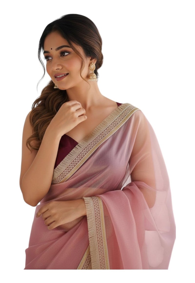 Yashika Women's Organza Plain Lace Border Saree | Pink Color Saree | Women Sari | Saree_(AZ-YS-OG3-DILBAR PINK) - Image 1