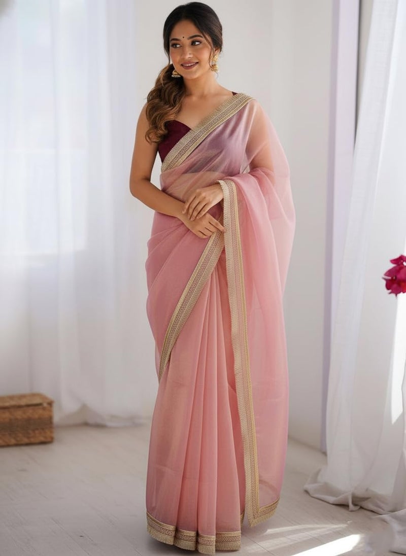 Yashika Women's Organza Plain Lace Border Saree | Pink Color Saree | Women Sari | Saree_(AZ-YS-OG3-DILBAR PINK) - Image 3
