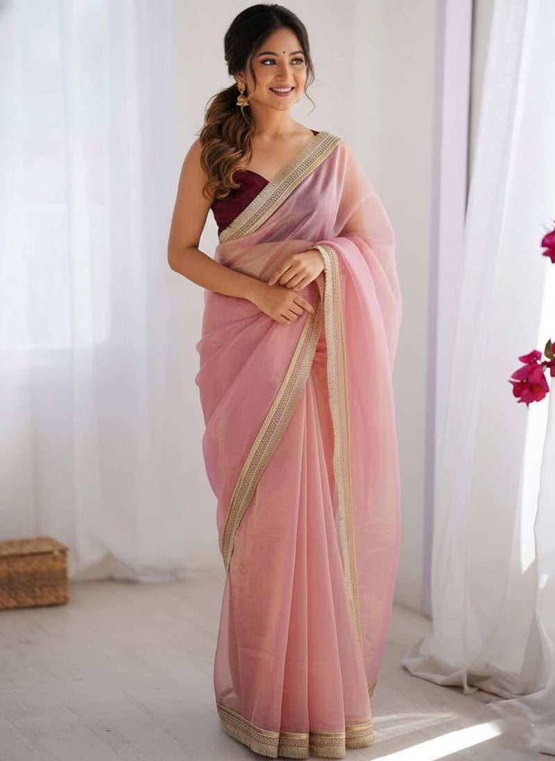 Yashika Women's Organza Plain Lace Border Saree | Pink Color Saree | Women Sari | Saree_(AZ-YS-OG3-DILBAR PINK) - Image 4