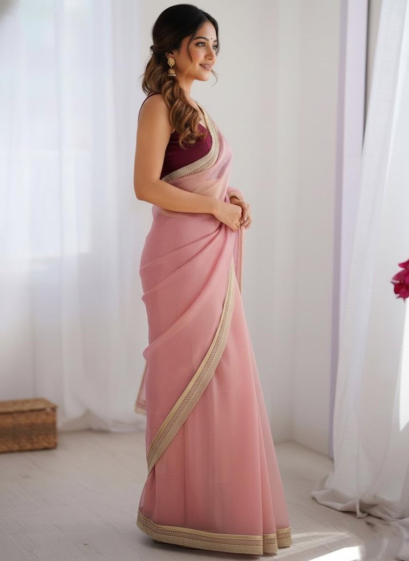 Yashika Women's Organza Plain Lace Border Saree | Pink Color Saree | Women Sari | Saree_(AZ-YS-OG3-DILBAR PINK) - Image 5