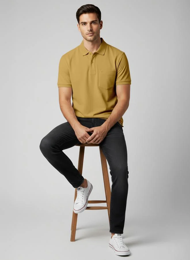 FERVORO Men Yellow Cotton Polo with Pocket