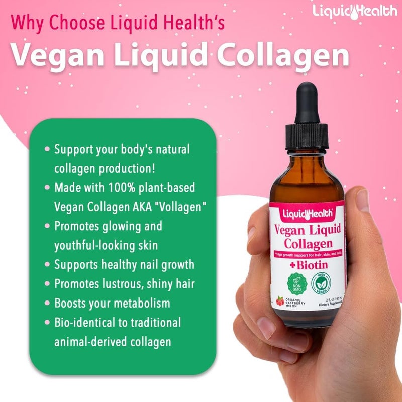 LIQUIDHEALTH ليكويد هيلث 100 كولاجين نباتي 100000 ميكروغرام مع بيوتين قطرات سائلة كولاجين سائل نباتي للنساء والرجال لنمو الشعر والأظافر وصحة البشرة وتعزيز الأيض صنع في الولايات المتحدة غير معدّل وراثيًا عبوتين - Image 4