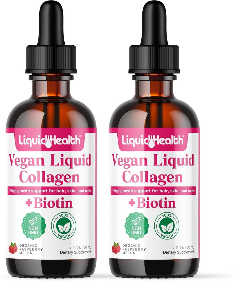 LIQUIDHEALTH ليكويد هيلث 100 كولاجين نباتي 100000 ميكروغرام مع بيوتين قطرات سائلة كولاجين سائل نباتي للنساء والرجال لنمو الشعر والأظافر وصحة البشرة وتعزيز الأيض صنع في الولايات المتحدة غير معدّل وراثيًا عبوتين - Image 1