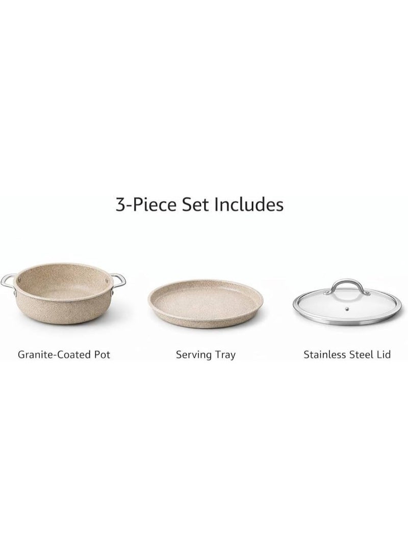 Luxury granite cookware set (24cm pot + 28cm serving tray) in beige speckled finish with polished stainless steel lid - Image 5