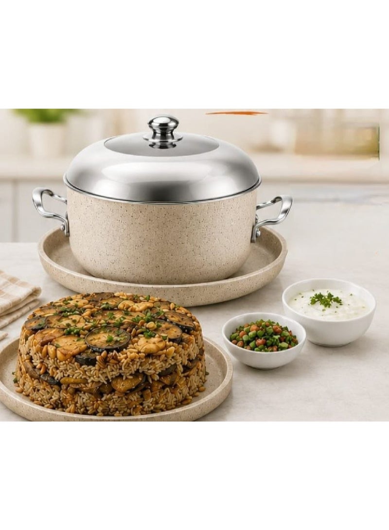 Luxury granite cookware set (24cm pot + 28cm serving tray) in beige speckled finish with polished stainless steel lid - Image 1