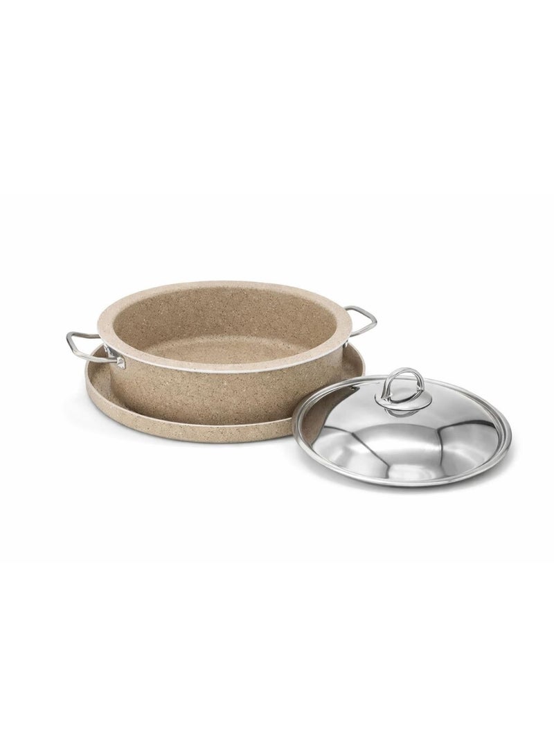 Luxury granite cookware set (24cm pot + 28cm serving tray) in beige speckled finish with polished stainless steel lid - Image 3