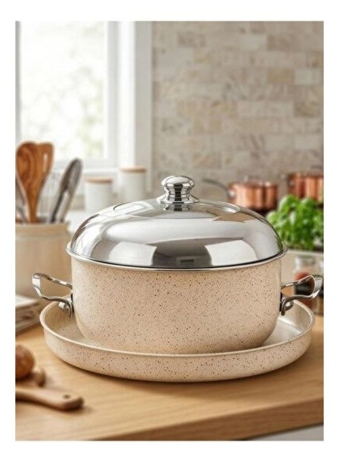 Luxury granite cookware set (24cm pot + 28cm serving tray) in beige speckled finish with polished stainless steel lid - Image 2