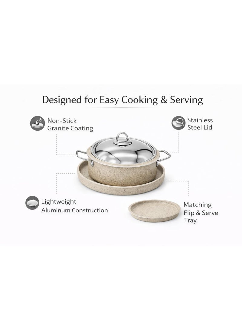 Luxury granite cookware set (24cm pot + 28cm serving tray) in beige speckled finish with polished stainless steel lid - Image 4