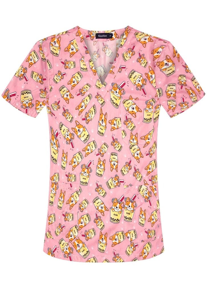 Loquat V-Neck Printed Medical Uniform Scrubs Top for Women Workwear Soft Comfty Easy Care 