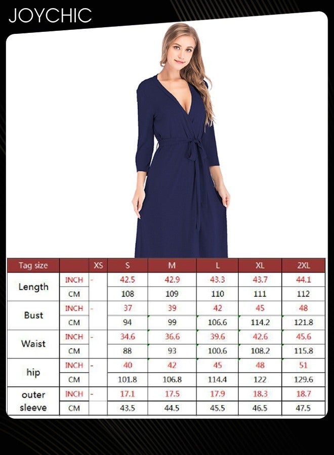 Joychic Classic Spring Summer Autumn Ladies Home Sleep Robes Women's Loose Three-quarter Sleeve V-neck Modal Breathable Long Nightgown Pajamas with Adjustable Belt Navy Blue - Image 4