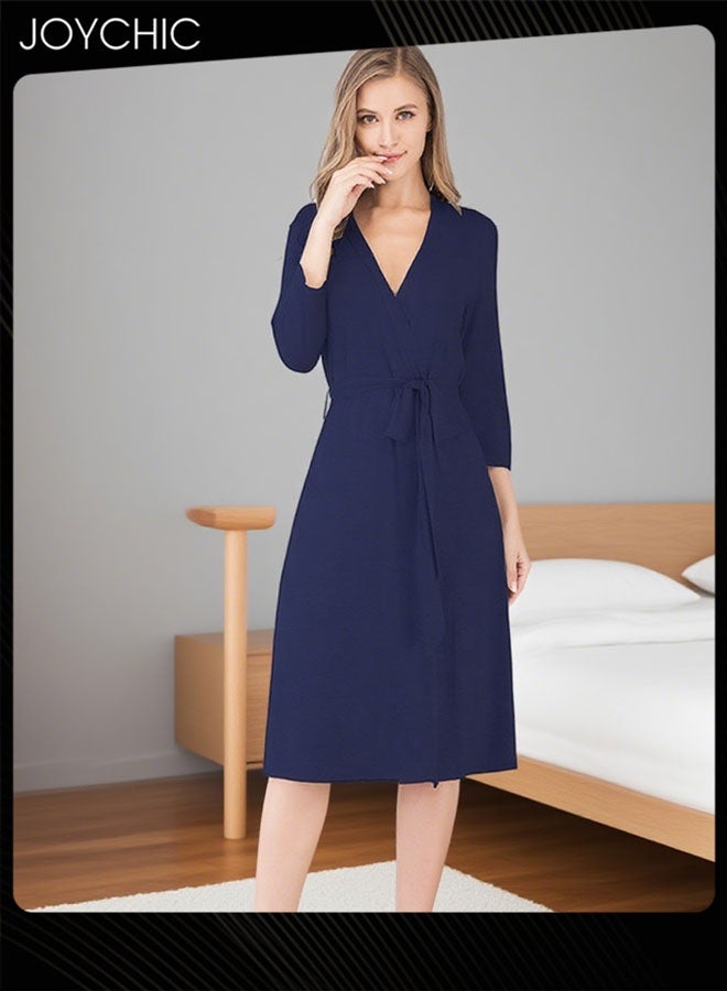 Joychic Classic Spring Summer Autumn Ladies Home Sleep Robes Women's Loose Three-quarter Sleeve V-neck Modal Breathable Long Nightgown Pajamas with Adjustable Belt Navy Blue - Image 1