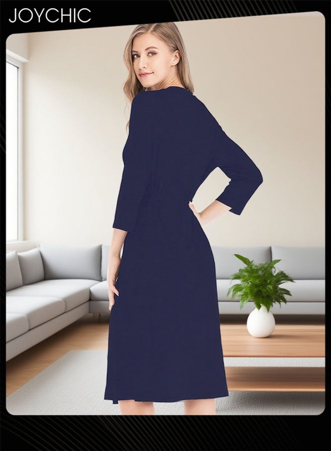 Joychic Classic Spring Summer Autumn Ladies Home Sleep Robes Women's Loose Three-quarter Sleeve V-neck Modal Breathable Long Nightgown Pajamas with Adjustable Belt Navy Blue - Image 3