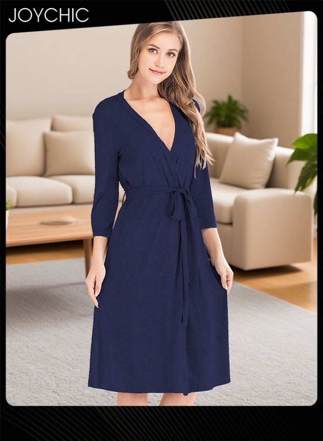 Joychic Classic Spring Summer Autumn Ladies Home Sleep Robes Women's Loose Three-quarter Sleeve V-neck Modal Breathable Long Nightgown Pajamas with Adjustable Belt Navy Blue - Image 2