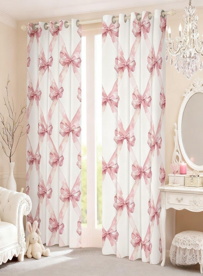 Man Fei Manfei Pink Bowknot Window Drapes,Dreamy Princess Style Kids Girls Window Curtain for Bedroom Decor,Watercolor Bow Geometric Grids White Curtain of 2 Panels for Adults Teens,42Wx63L Inches - Image 1