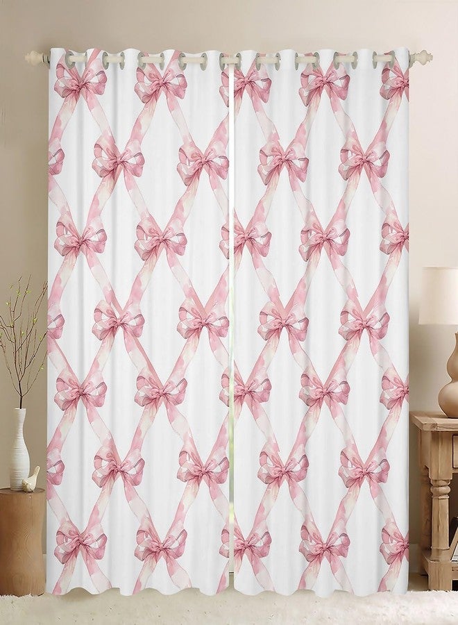 Man Fei Manfei Pink Bowknot Window Drapes,Dreamy Princess Style Kids Girls Window Curtain for Bedroom Decor,Watercolor Bow Geometric Grids White Curtain of 2 Panels for Adults Teens,42Wx63L Inches - Image 2