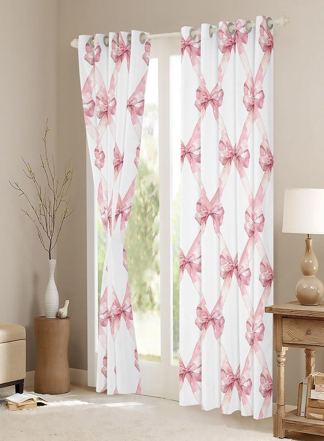 Man Fei Manfei Pink Bowknot Window Drapes,Dreamy Princess Style Kids Girls Window Curtain for Bedroom Decor,Watercolor Bow Geometric Grids White Curtain of 2 Panels for Adults Teens,42Wx63L Inches - Image 3