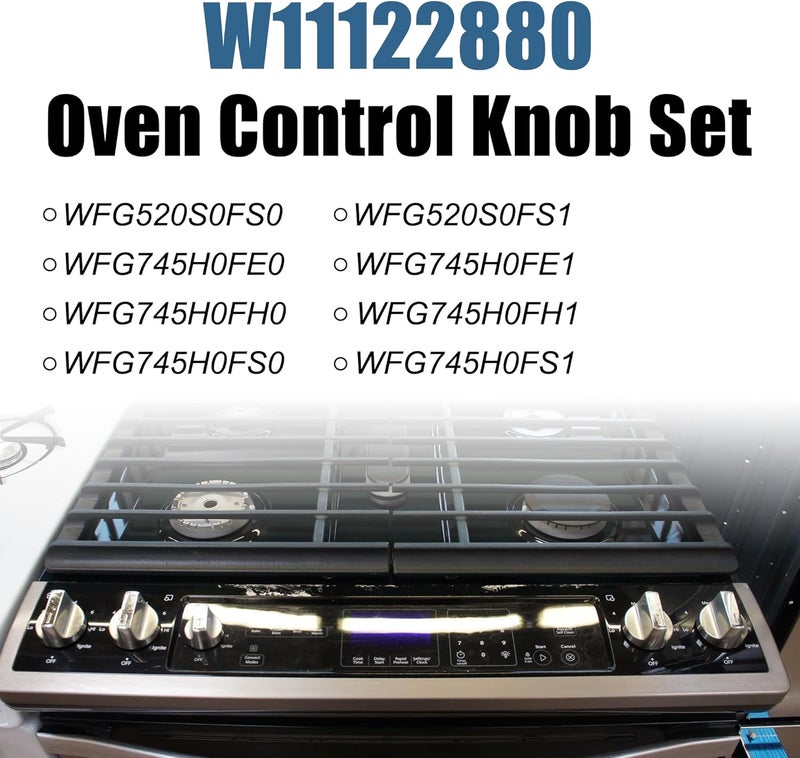 مجموعة مقابض تحكم في الفرن W11122880 مكونة من 5 قطع، مخصصة لمواقد الغاز من شركة Whirlpool – متوافقة مع طرازات WFG520S0 وWFG745H0، وتحل محل مقبض W10862482؛ تتميز هذه المقابض بمقاومة عالية للحرارة. - Image 2