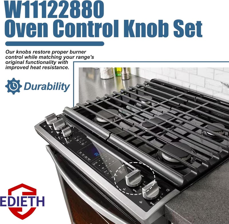 مجموعة مقابض تحكم في الفرن W11122880 مكونة من 5 قطع، مخصصة لمواقد الغاز من شركة Whirlpool – متوافقة مع طرازات WFG520S0 وWFG745H0، وتحل محل مقبض W10862482؛ تتميز هذه المقابض بمقاومة عالية للحرارة. - Image 4