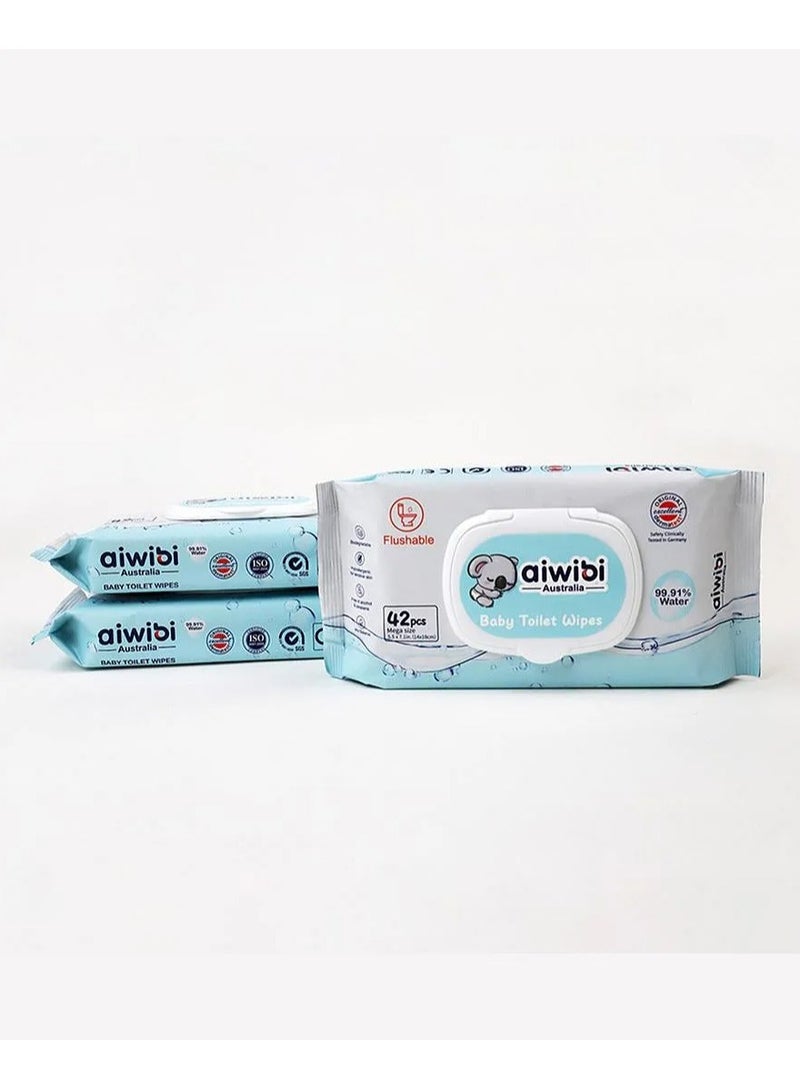 Aiwibi Baby Toilet Wipes, Hypoallergenic, Alcohol-free, Paraben-free, Skin-Friendly, 0 Months+, Pack of 3 - 126 Wipes