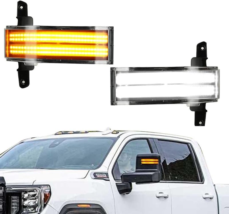 ROCCS Flashing Turn Signal Lights White DRL LED Side Tow Mirror Marker Light competible with Chevy Silverado GMC Sierra 2014–2019 OEM ONLY, Clear Lens - Image 1