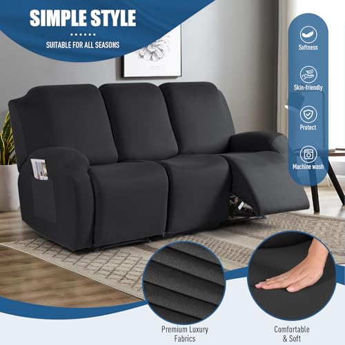 TAOCOCO Recliner Sofa Slipcover, 3 Pieces Polyester Fabric Stretch Sofa Covers for 3 Seat Reclining Couch, Soft Washable Furniture Protector with Pockets (3 Seat, Black) - Image 2