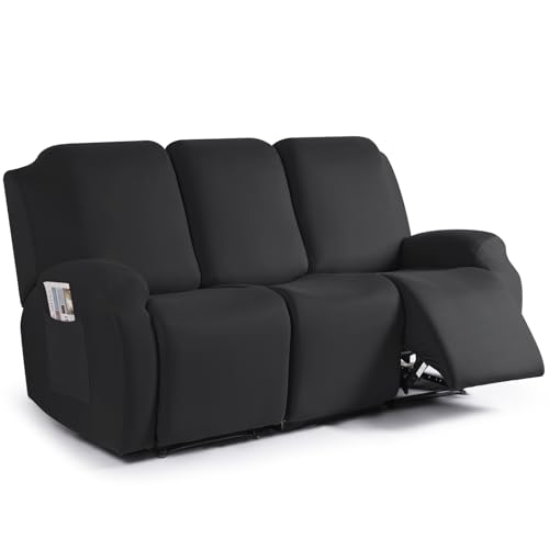 TAOCOCO Recliner Sofa Slipcover, 3 Pieces Polyester Fabric Stretch Sofa Covers for 3 Seat Reclining Couch, Soft Washable Furniture Protector with Pockets (3 Seat, Black) - Image 1