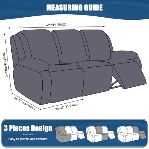 TAOCOCO Recliner Sofa Slipcover, 3 Pieces Polyester Fabric Stretch Sofa Covers for 3 Seat Reclining Couch, Soft Washable Furniture Protector with Pockets (3 Seat, Black) - Image 4