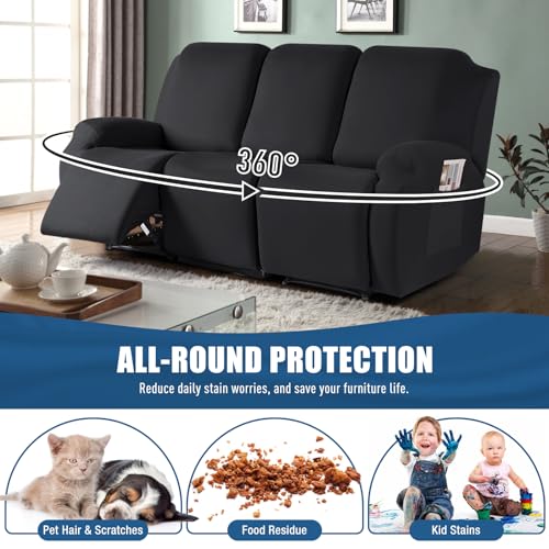 TAOCOCO Recliner Sofa Slipcover, 3 Pieces Polyester Fabric Stretch Sofa Covers for 3 Seat Reclining Couch, Soft Washable Furniture Protector with Pockets (3 Seat, Black) - Image 3