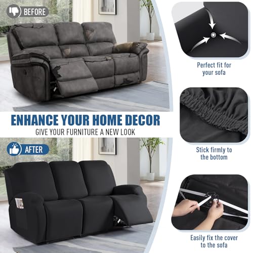TAOCOCO Recliner Sofa Slipcover, 3 Pieces Polyester Fabric Stretch Sofa Covers for 3 Seat Reclining Couch, Soft Washable Furniture Protector with Pockets (3 Seat, Black) - Image 5